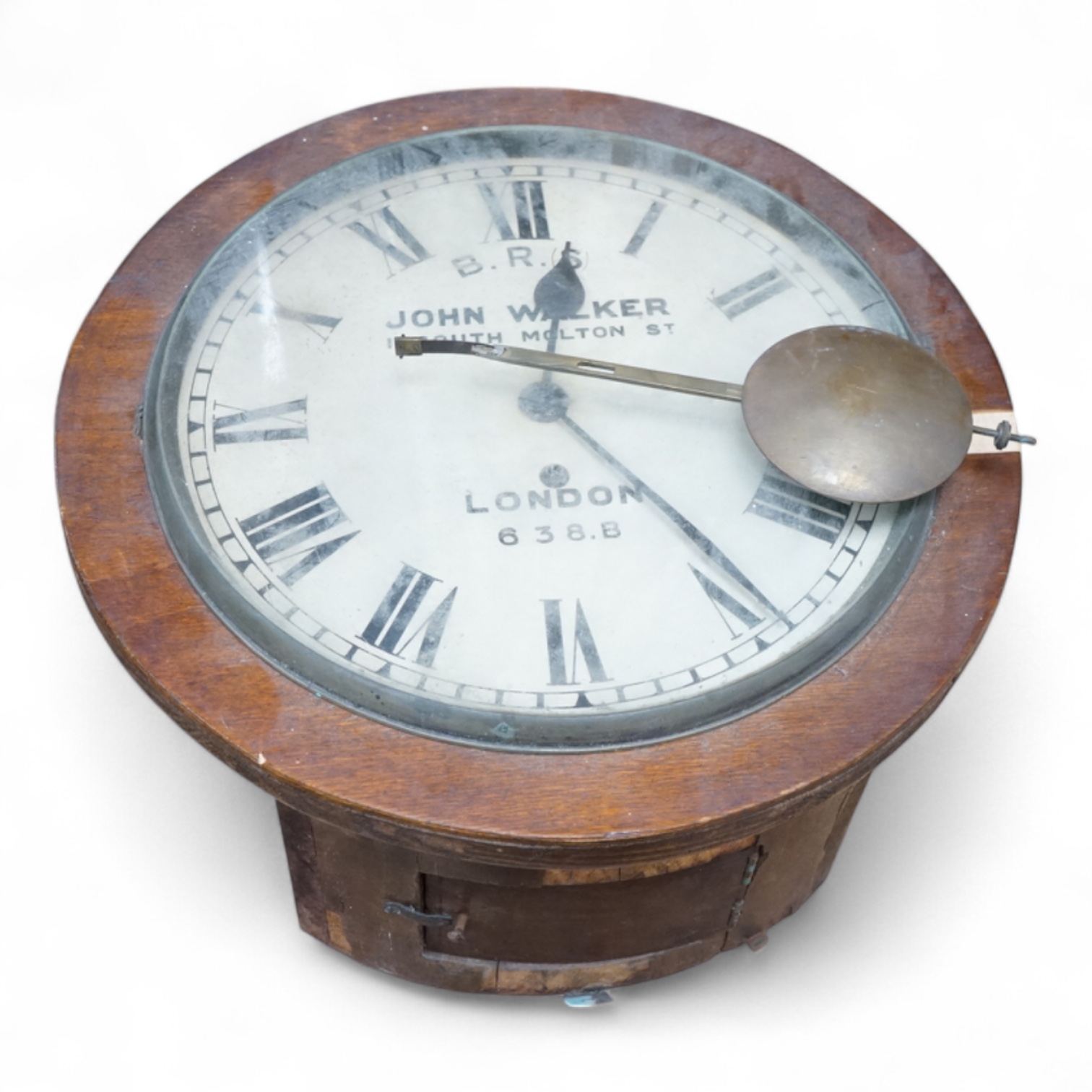 A railway timepiece (a.f.), the painted dial with; ’B.R.(S) John Walker 1, South Molton St. London 638.B’, indicating Southern Railway use, later repainted for Southern Region, with fusee eight day movement in a partiall